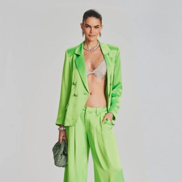 Retrofete Saige Double Breasted Blazer in Lime Punch Green Size Small Satin - Picture 1 of 13